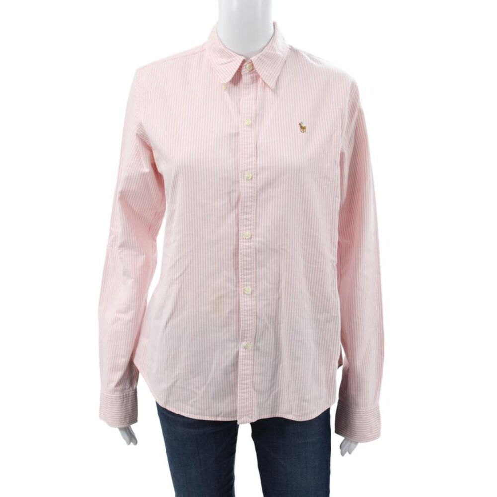 Ralph Lauren Blue Label Women Pink Striped Long Sleeve Button-Up Size 10
